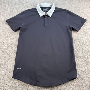 BYLT Lux Drop Cut S S Polo Shirt Mens Medium Blue Poke Dot Collar Slim Fit